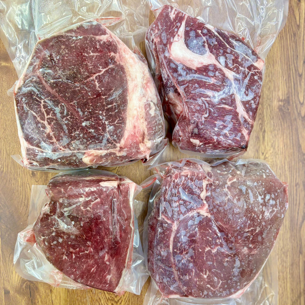 Premium steak and hamburger beef box grass-fed grain-finished Nebraska beef ribeye NY strip filet ground beef