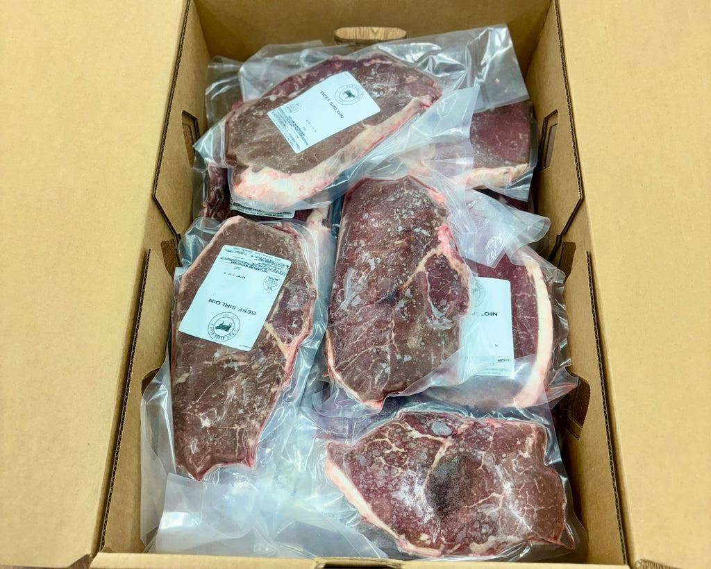 Premium steak and hamburger beef box grass-fed grain-finished Nebraska beef ribeye NY strip filet ground beef