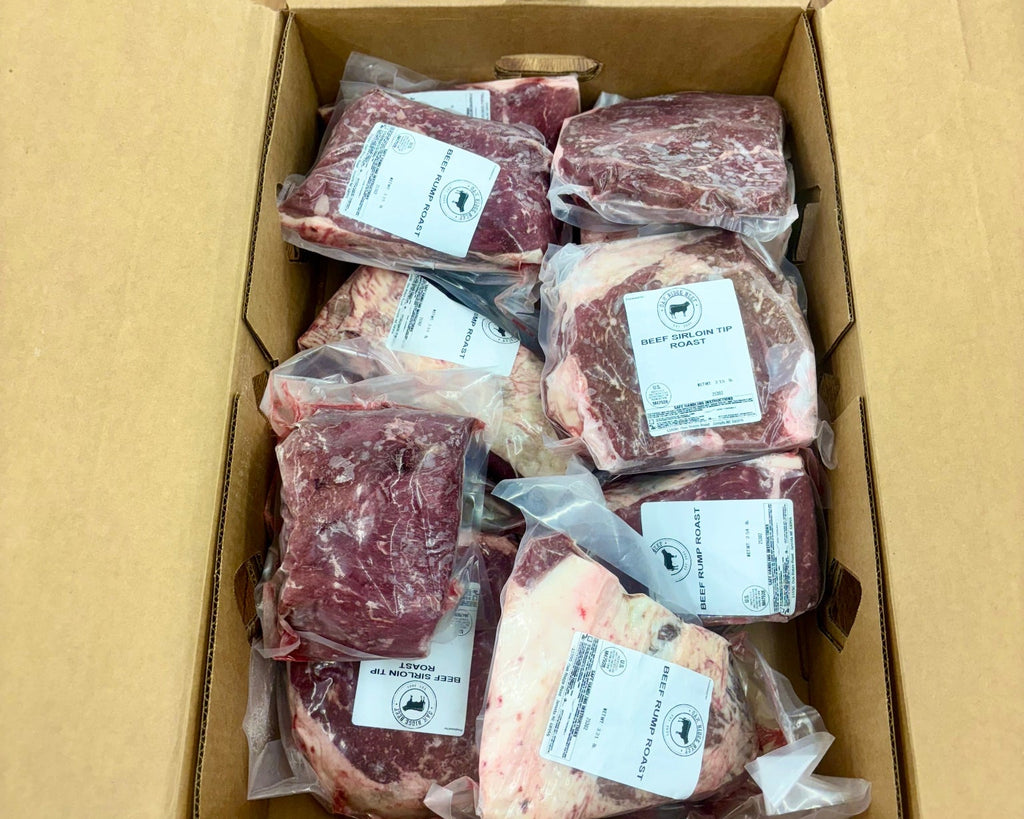 Premium steak and hamburger beef box grass-fed grain-finished Nebraska beef ribeye NY strip filet ground beef